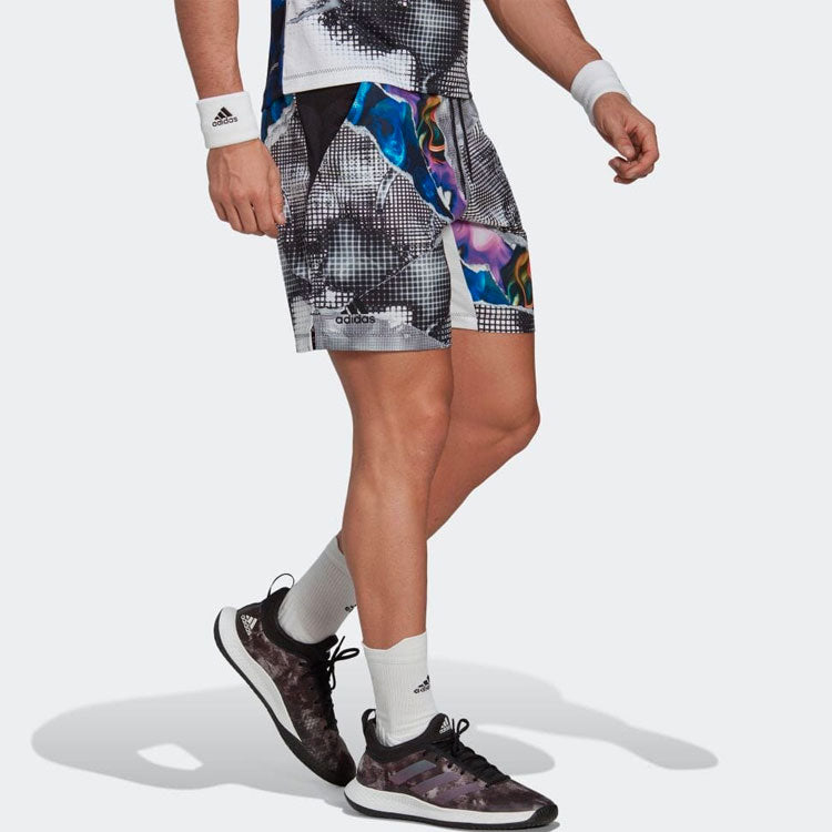 Image of Men's adidas Pattern Full Print Casual Tennis Sports Shorts Gray HG6420