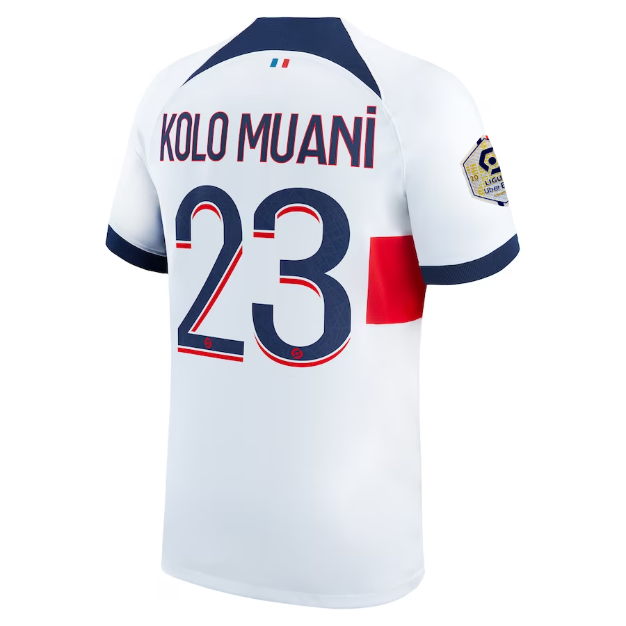 Image of Nike Paris Saint-Germain Kolo Muani Away Jersey w/ Ligue 1 Patch 23/24 (White/Mi