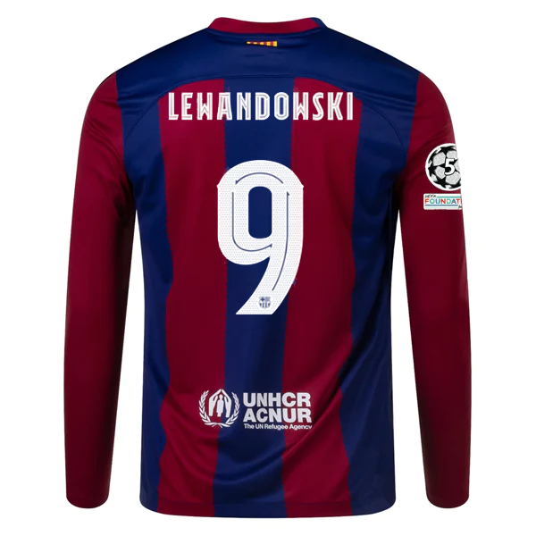 Nike Barcelona Home Robert Lewandowski Long Sleeve Jersey w/ Champions League Pa