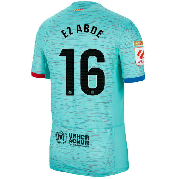 Image of Nike Barcelona Ez Abde Third Jersey w/ La Liga Champion Patches 23/24 (Light Aqu