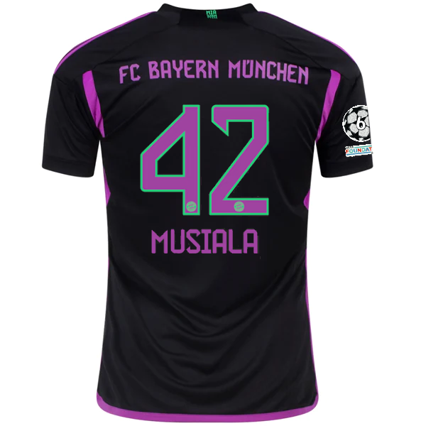 Image of adidas Bayern Munich Jamal Musiala Away Jersey w/ Champions League Patches 23/24