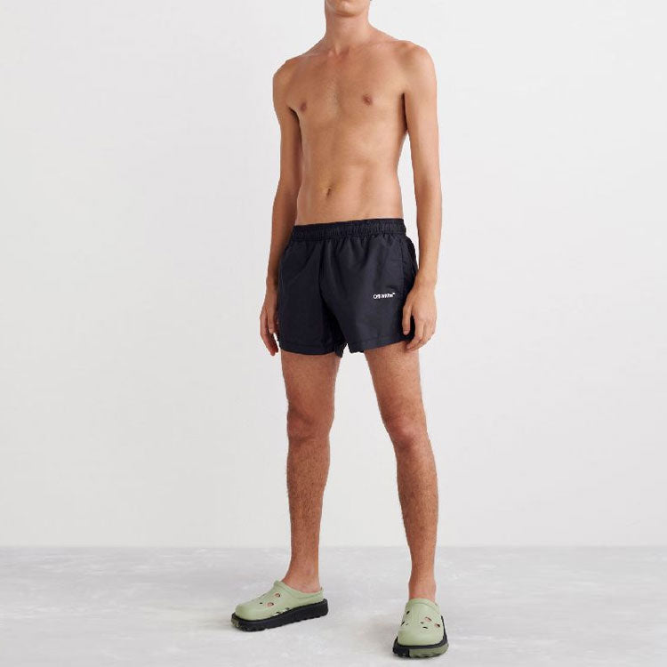 Men's OFF-WHITE SS22 Logo Printing Elastic Waistband Black Straight Shorts OMFA0