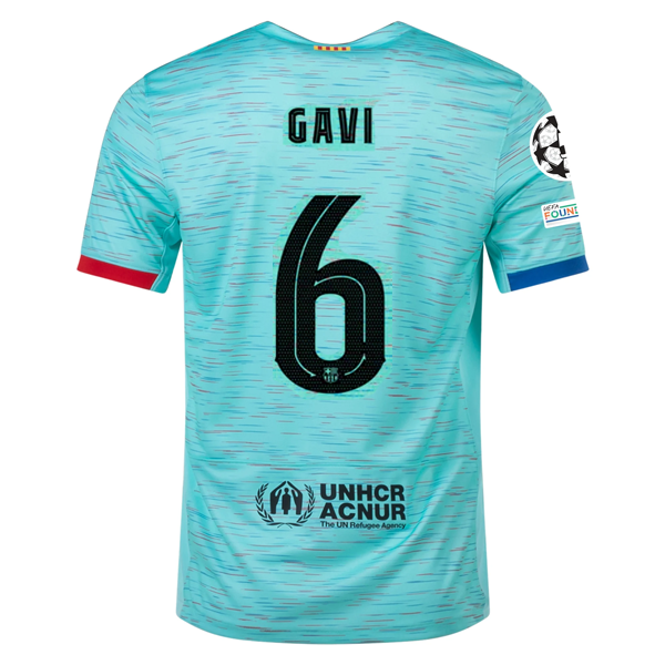 Nike Barcelona Gavi Third Jersey w/ Champions League Patches 23/24 (Light Aqua/R