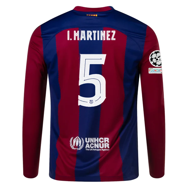 Image of Nike Barcelona Home Iñigo Martínez Long Sleeve Jersey w/ Champions League Patche