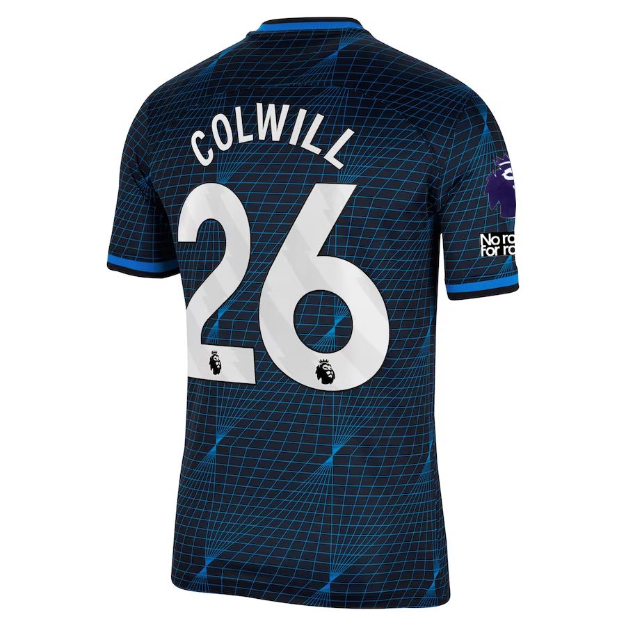 Image of Nike Chelsea Levi Colwill Away Jersey w/ EPL + No Room For Racism Patches 23/24