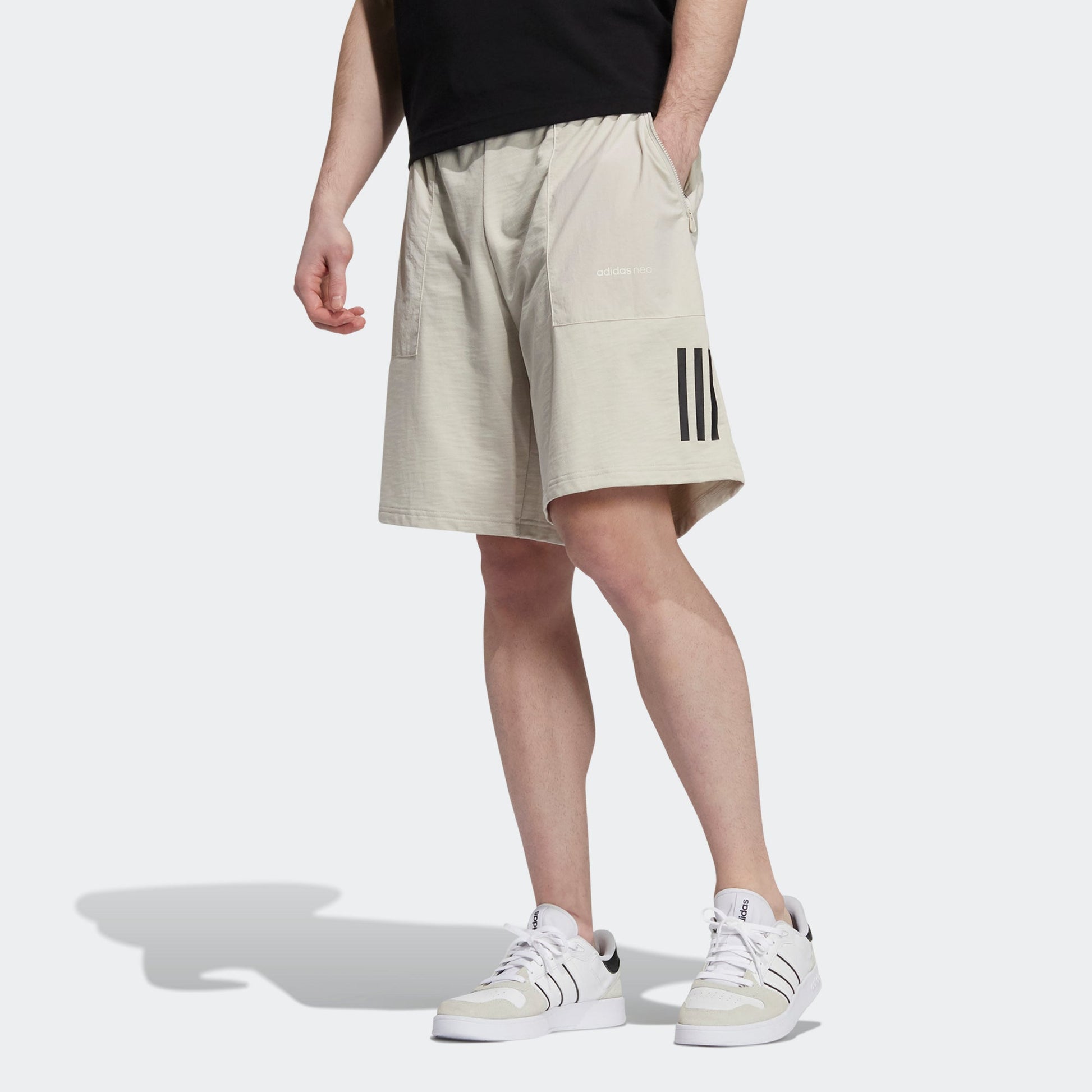 adidas neo M Sw Knit Ut Sh Big Pocket Stripe Loose Sports Shorts Creamy White H4