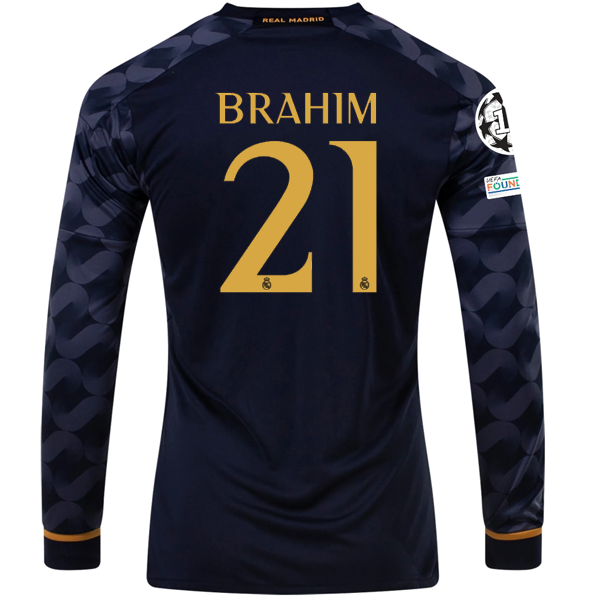 Image of adidas Real Madrid Brahim Diaz Long Sleeve Away Jersey w/ Champions League + Clu