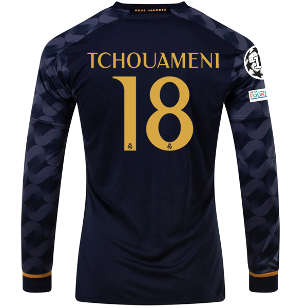 Image of adidas Real Madrid Tchouameni Long Sleeve Away Jersey w/ Champions League + Club