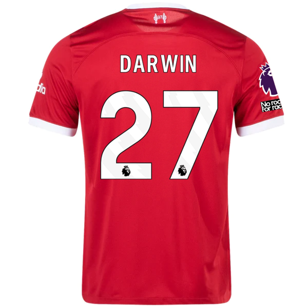 Image of Nike Liverpool Darwin Nunez Home Jersey w/ EPL + No Room For Racism Patches 23/2