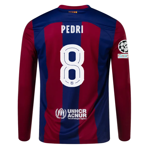 Nike Barcelona Home Pedri Long Sleeve Jersey w/ Champions League Patches 23/24
