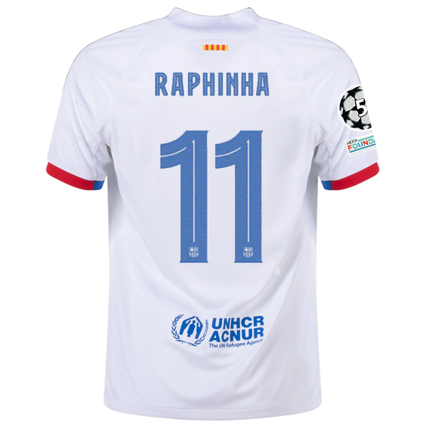 Nike Barcelona Raphinha Away Jersey w/ Champions League Patches 23/24 (White/Roy