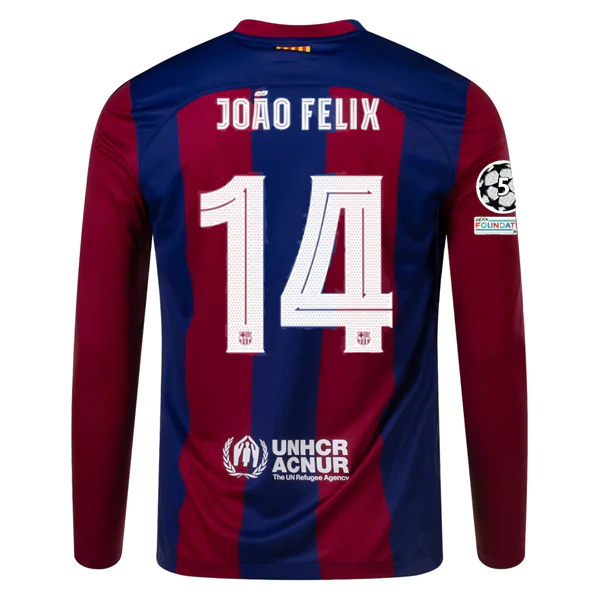 Nike Barcelona Home Joao Felix Long Sleeve Jersey w/ Champions League Patches 23
