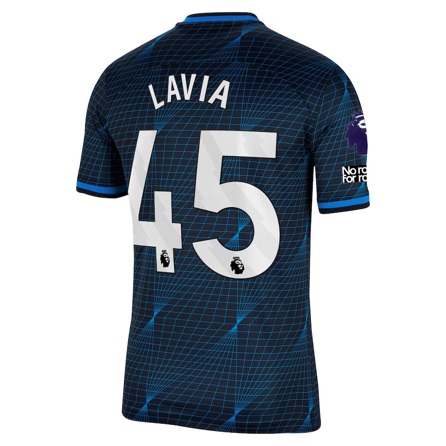 Image of Nike Chelsea Roméo Lavia Away Jersey w/ EPL + No Room For Racism Patches 23/24 (