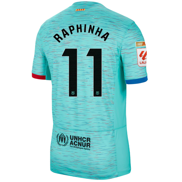 Image of Nike Barcelona Raphina Third Jersey w/ La Liga Champion Patches 23/24 (Light Aqu