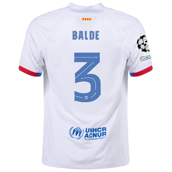 Image of Nike Barcelona Alejandro Balde Auswärtstrikot mit Champions League-Aufnähern 23/24 (Weiß