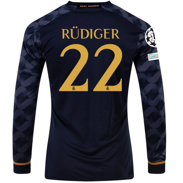 Image of adidas Real Madrid Antonio Rudiger Long Sleeve Away Jersey w/ Champions League +