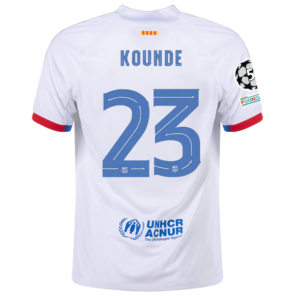 Nike Barcelona Jules Kounde Away Jersey w/ Champions League Patches 23/24 (White