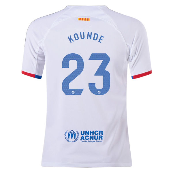 Nike Youth Barcelona Jules Kounde Away Jersey 23/24 (White/Royal Blue)