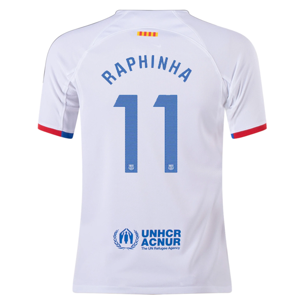 Nike Youth Barcelona Raphinha Away Jersey 23/24 (White/Royal Blue)