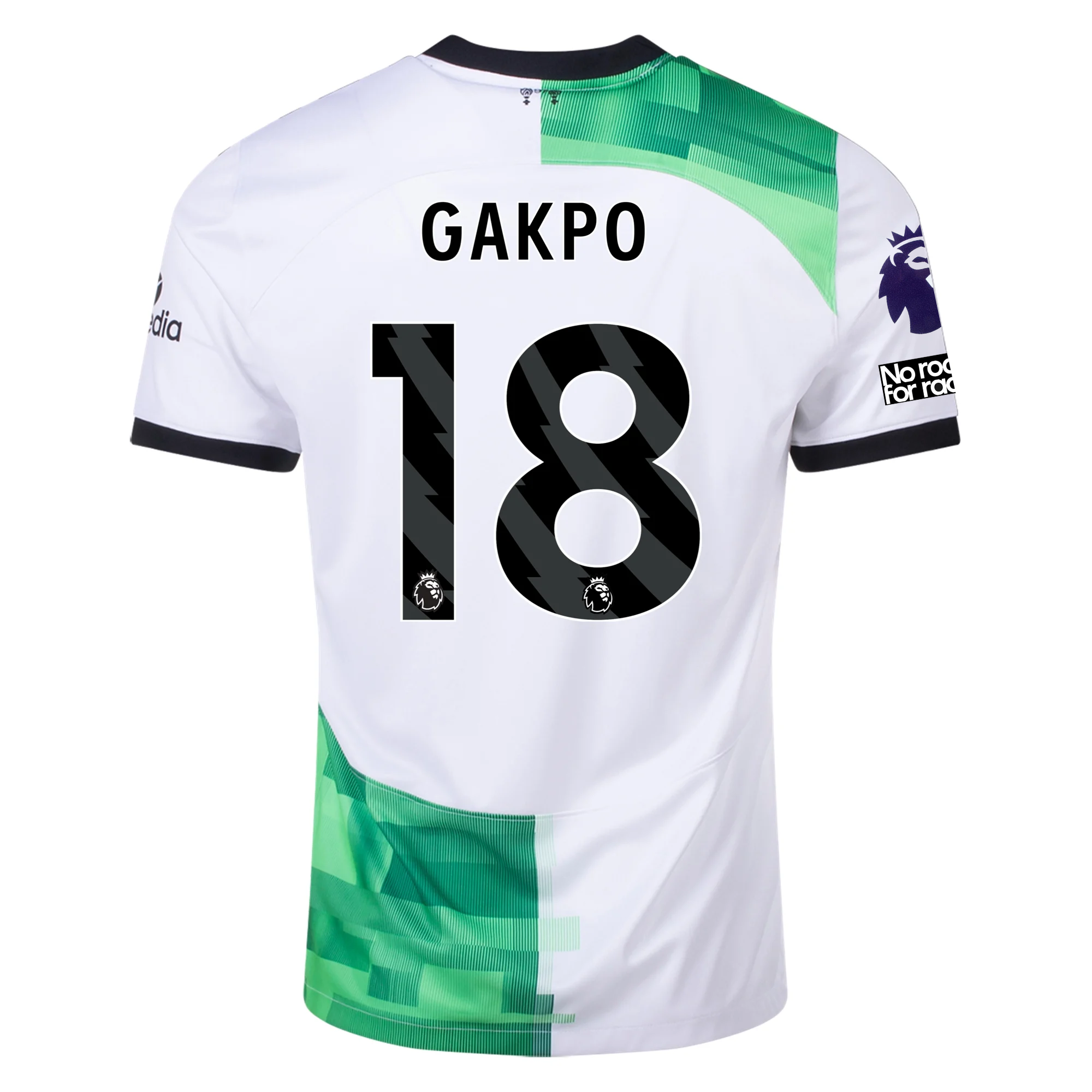 Image of Nike Liverpool Away Cody Gakpo Jersey w/ EPL + No Room For Racism Patches 23/24