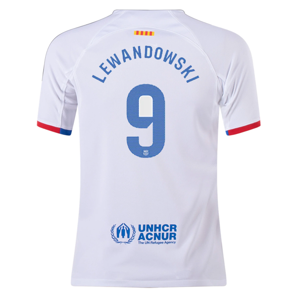 Nike Youth Barcelona Robert Lewandowski Away Jersey 23/24 (White/Royal Blue)