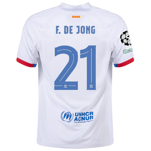 Image of Nike Barcelona Frenkie de Jong Away Jersey w/ Champions League Patches 23/24 (Wh